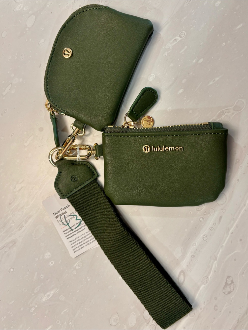 Lululemon Dual Pouch Wristlet Olive Green Leather with Gold hardware